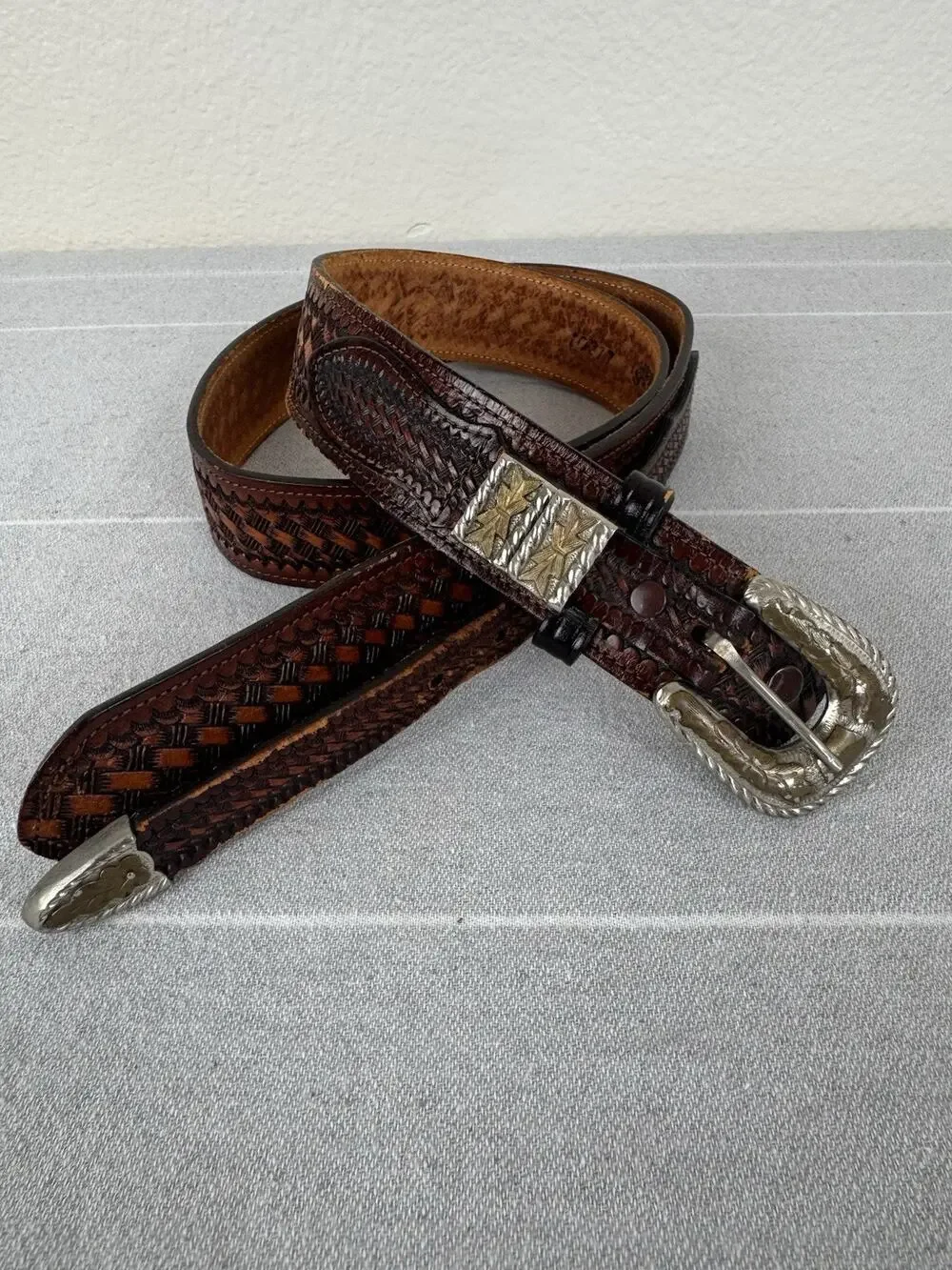Vintage Alpaca Two Tone Buckle Basketweave Tooled Leather Western Ranger Belt 36